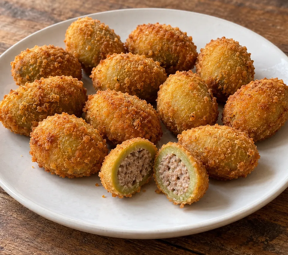 Golden breadcrumb-coated stuffed olives, one halved to show a green olive layer around finely minced cooked meat on a white plate