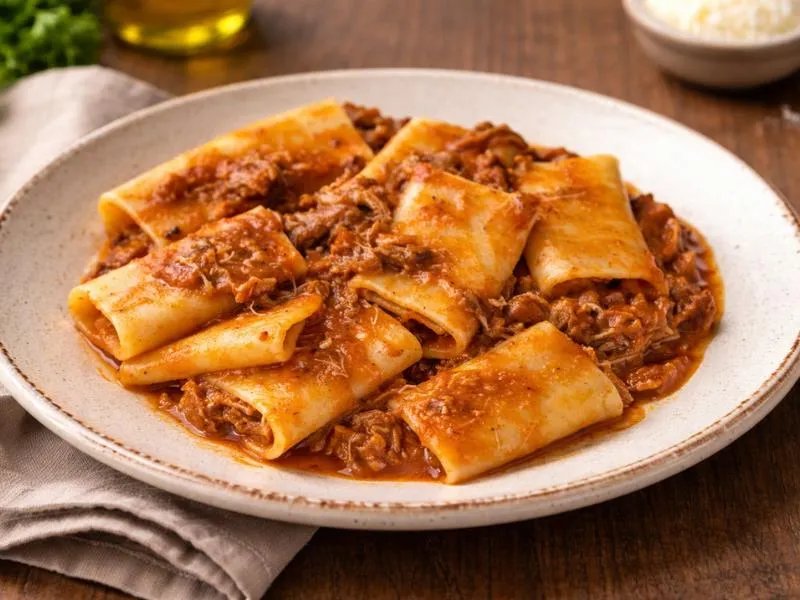 Large smooth pasta tubes coated in tomato sauce with visible shreds of braised meat on a ceramic plate