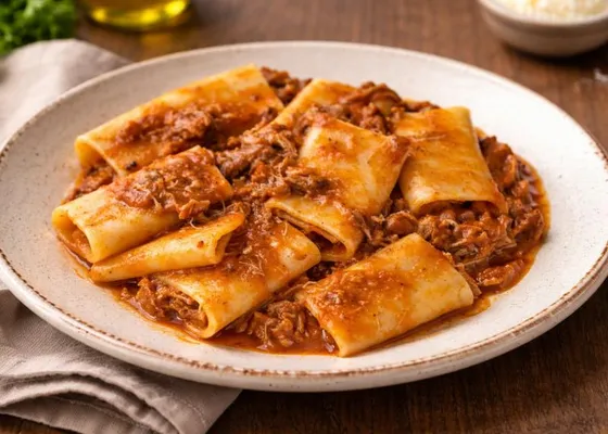 Large smooth pasta tubes coated in tomato sauce with visible shreds of braised meat on a ceramic plate