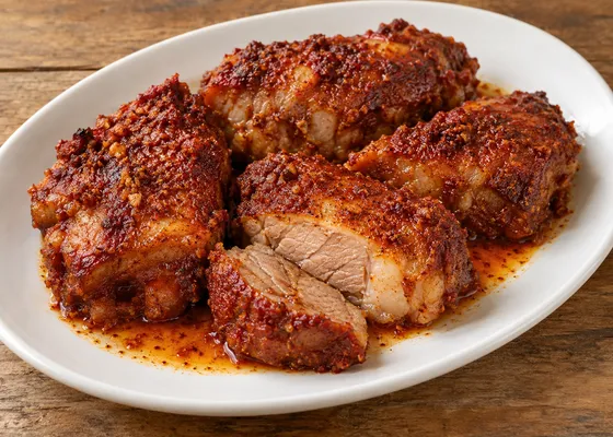 Fully cooked pork shoulder pieces with a deep red pepper and garlic coating and reddish roasting juices on a white oval plate