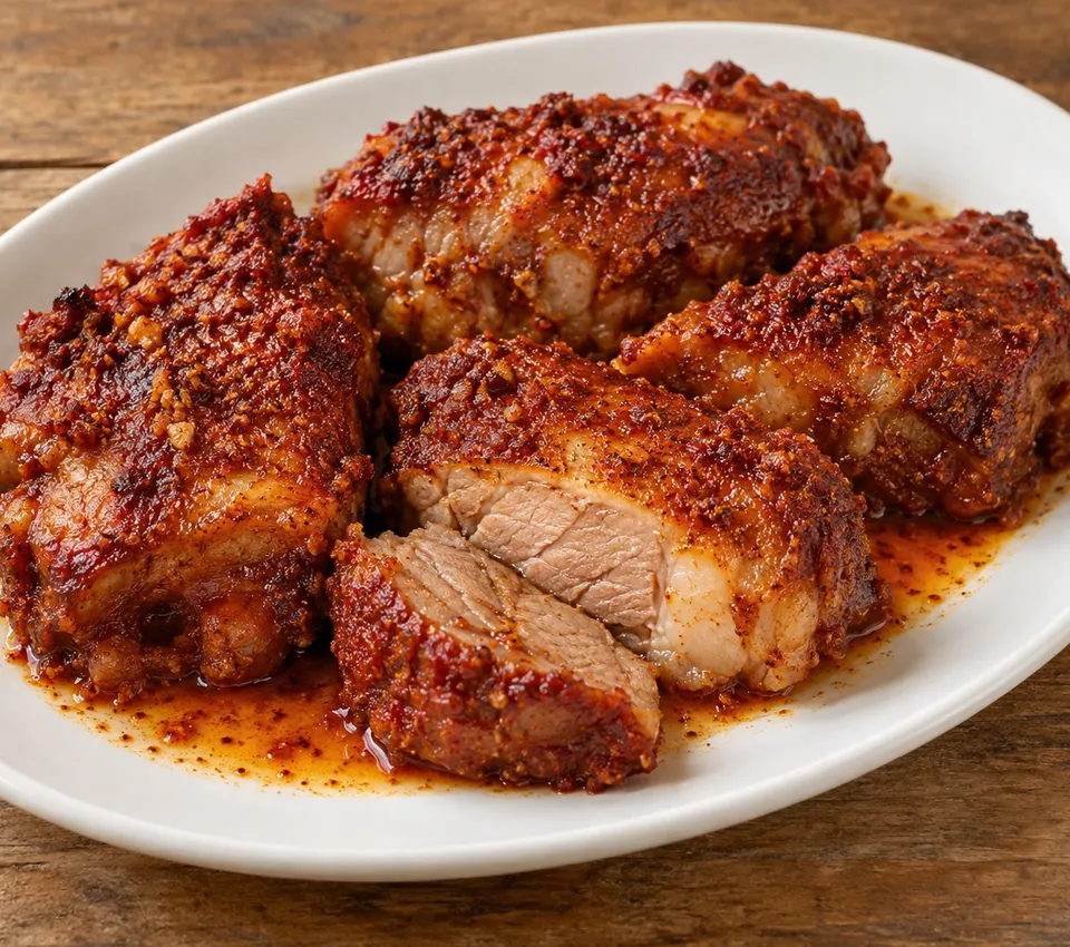 Fully cooked pork shoulder pieces with a deep red pepper and garlic coating and reddish roasting juices on a white oval plate