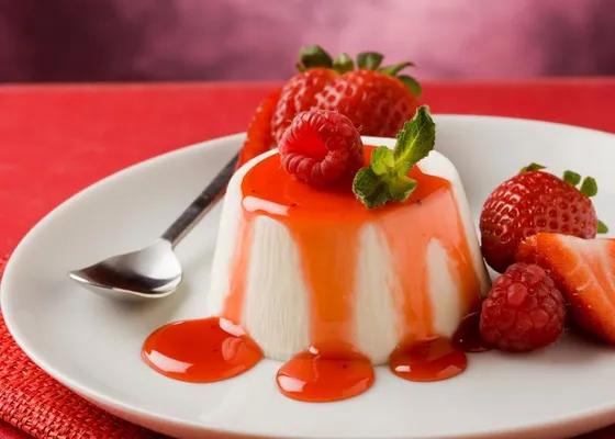 Unmolded panna cotta with red berry sauce and fresh berries