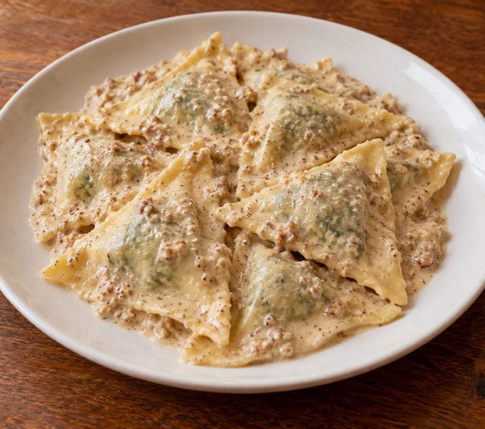 Triangular handmade pasta parcels coated in pale textured walnut sauce on a white plate