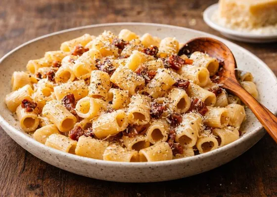 Short pasta with browned guanciale, grated cheese and black pepper
