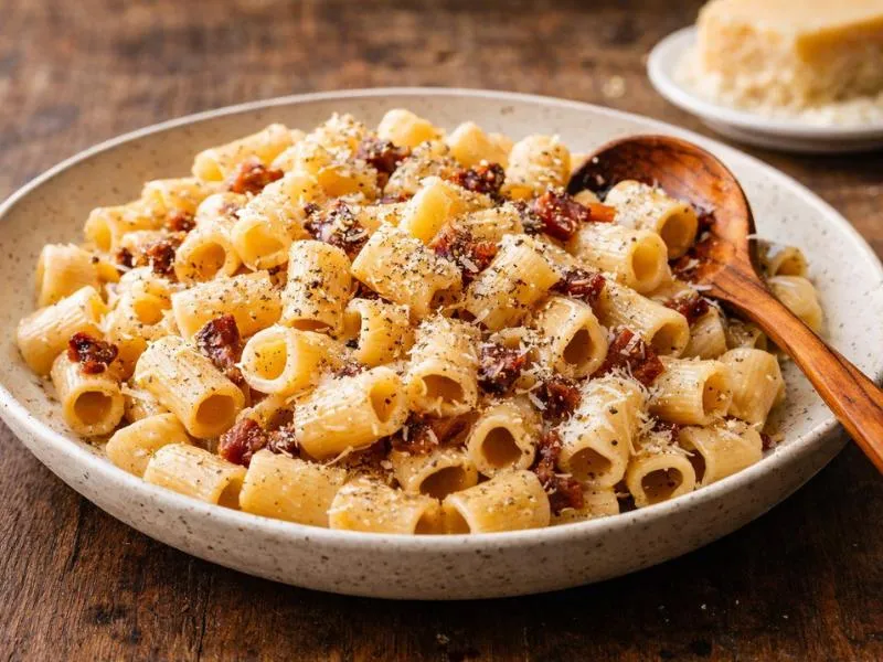 Short pasta with browned guanciale, grated cheese and black pepper