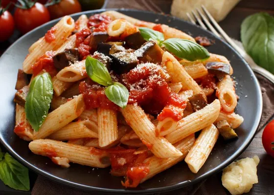 Short tube pasta with tomato sauce, eggplant, grated cheese and basil