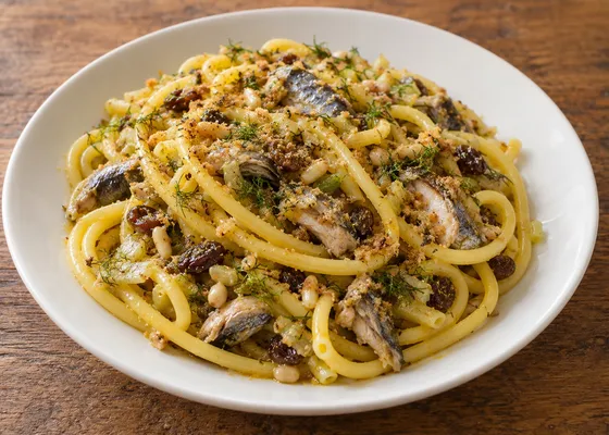 Long bucatini with sardine pieces, fennel, raisins, pine nuts and toasted breadcrumbs on a white plate