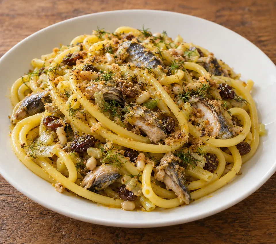Long bucatini with sardine pieces, fennel, raisins, pine nuts and toasted breadcrumbs on a white plate