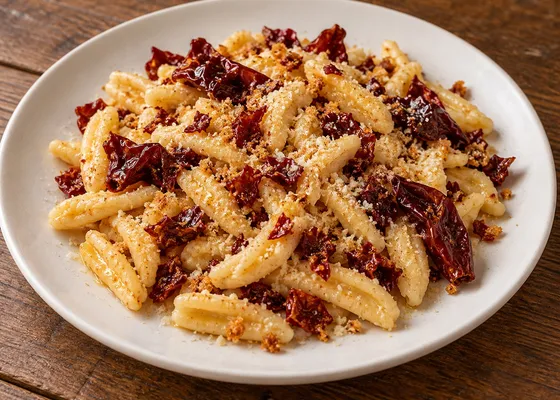 Short strascinati pasta with golden breadcrumbs, dark red crisp pepper pieces and grated cacioricotta on a white plate