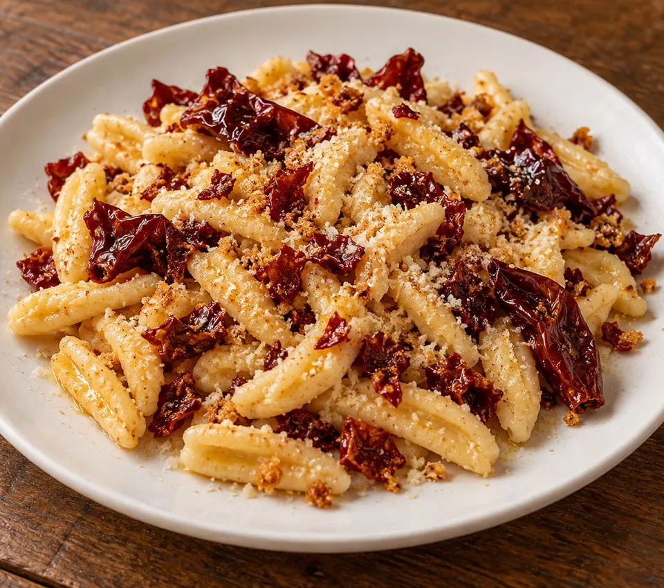 Short strascinati pasta with golden breadcrumbs, dark red crisp pepper pieces and grated cacioricotta on a white plate