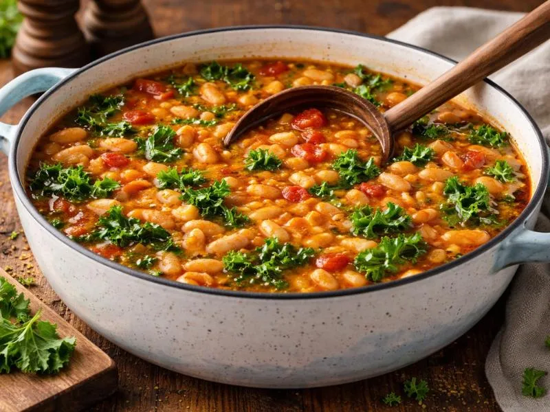 A pot of small pasta and white beans in tomato broth with chopped vegetables and leafy greens