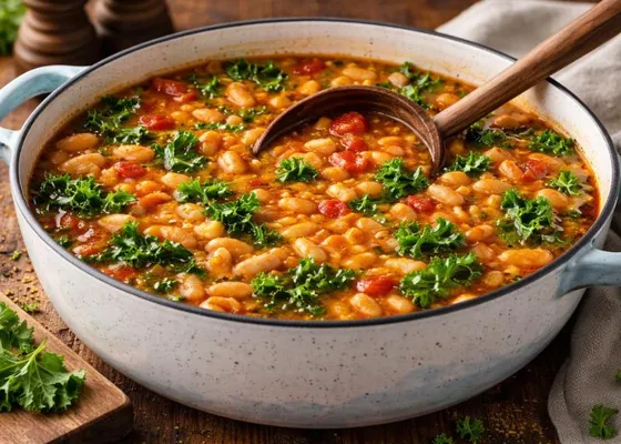 A pot of small pasta and white beans in tomato broth with chopped vegetables and leafy greens