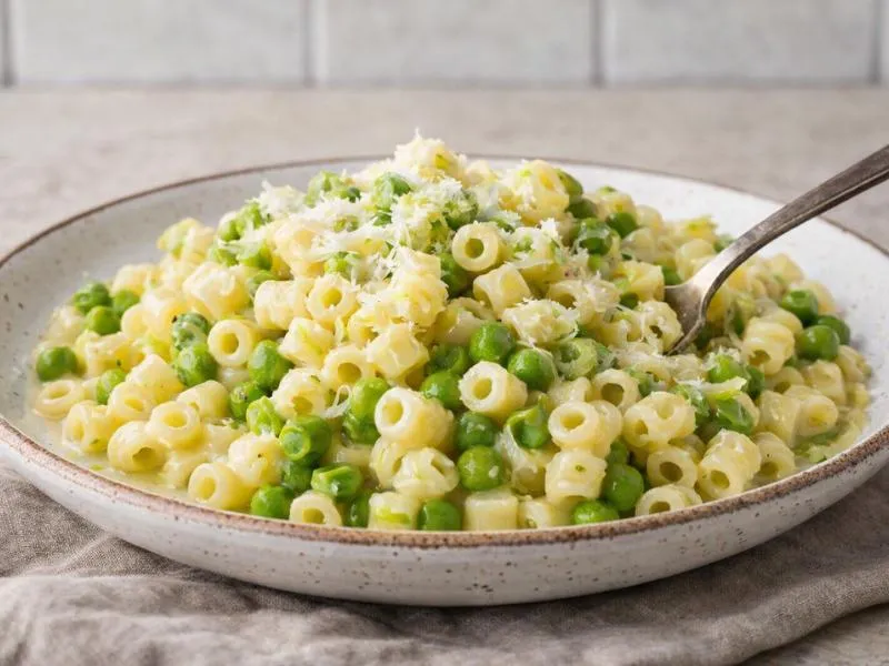 Short tubular pasta mixed with green peas, softened onion and a scattering of grated cheese in a shallow bowl