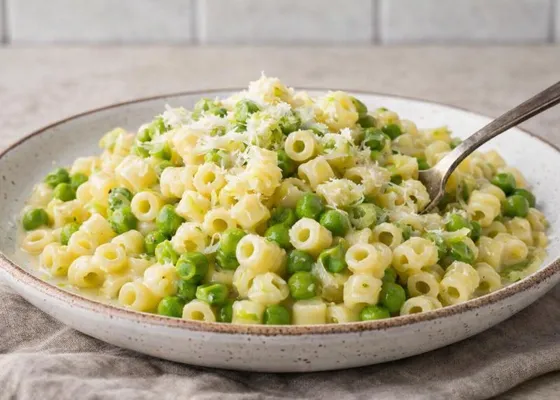 Short tubular pasta mixed with green peas, softened onion and a scattering of grated cheese in a shallow bowl