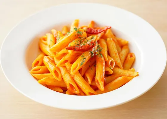 Ridged penne coated in red tomato sauce, topped with whole red chilies and chopped green parsley on a white plate