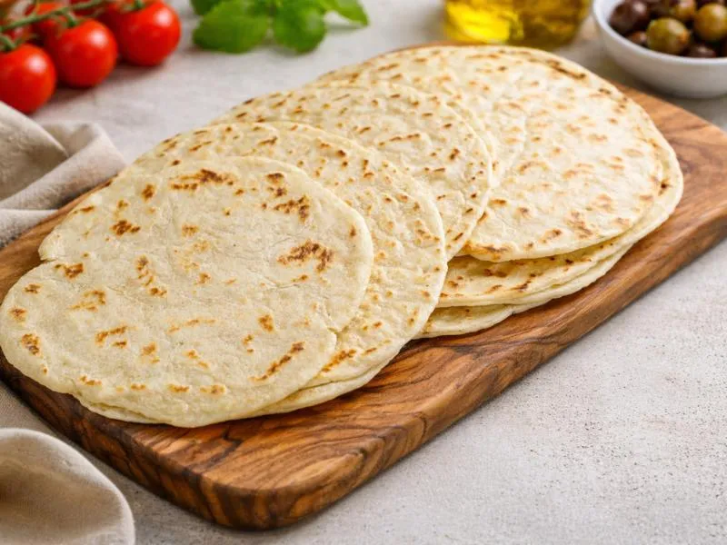 A stack of thin round flatbreads with brown griddle marks
