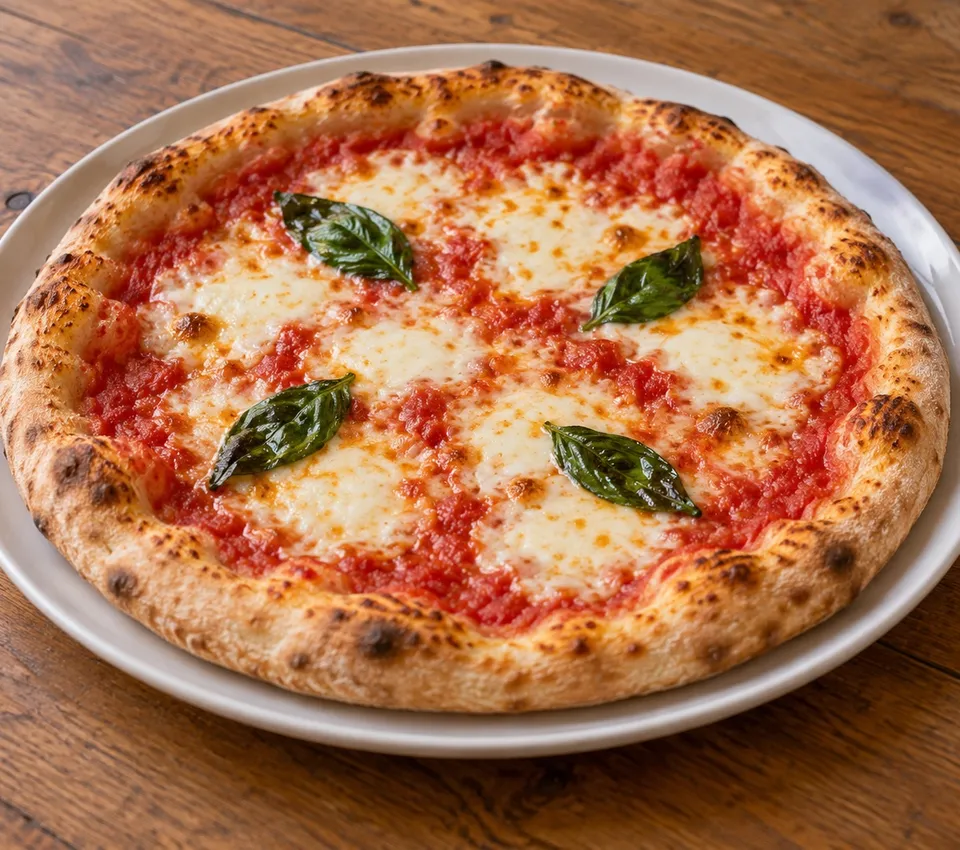 A whole round Margherita pizza with tomato, melted mozzarella, basil and a browned raised crust on a white plate
