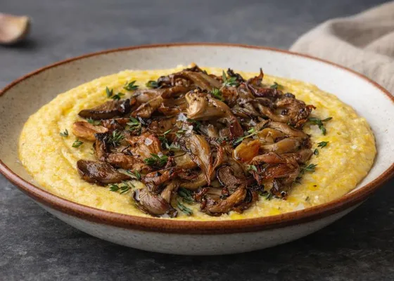 Soft yellow polenta topped with browned sliced mushrooms and small green thyme leaves on a brown-rimmed plate