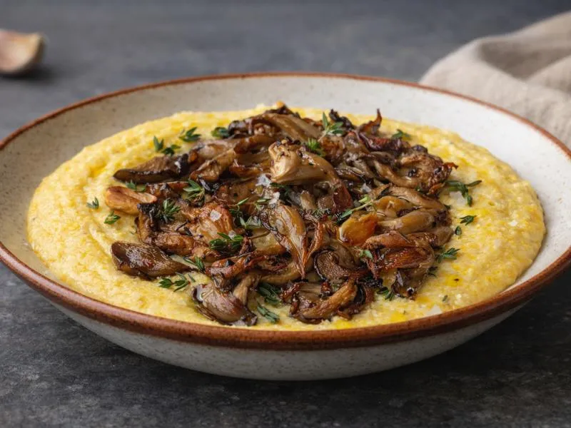 Soft yellow polenta topped with browned sliced mushrooms and small green thyme leaves on a brown-rimmed plate
