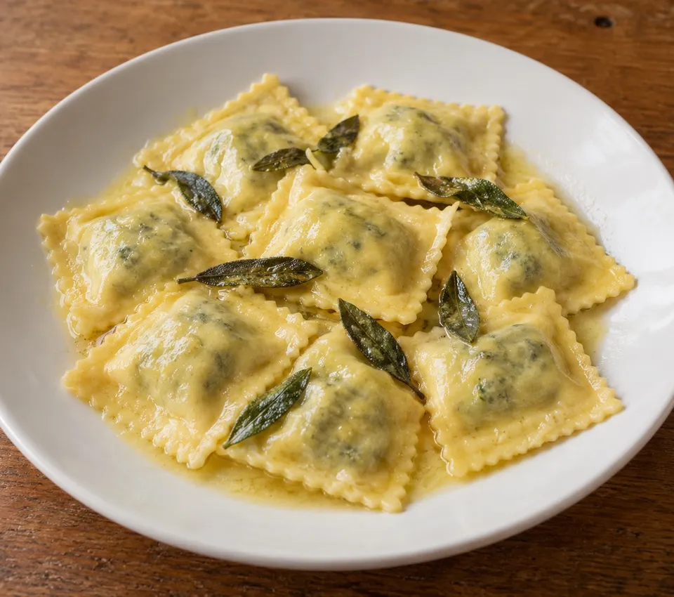 Square ricotta and spinach ravioli coated in melted butter with sage leaves on a white plate