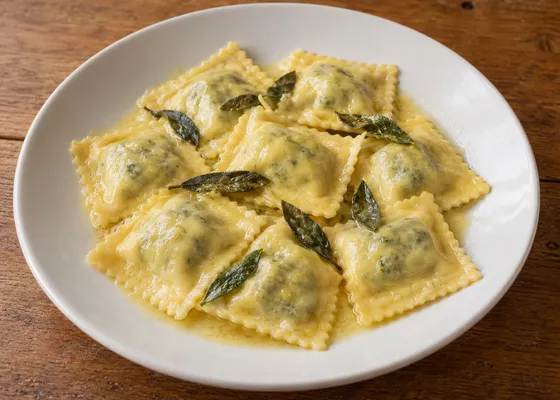 Square ricotta and spinach ravioli coated in melted butter with sage leaves on a white plate