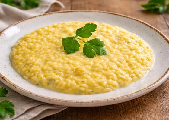 A shallow plate of pale golden four-cheese risotto with small blue-cheese flecks and a parsley garnish