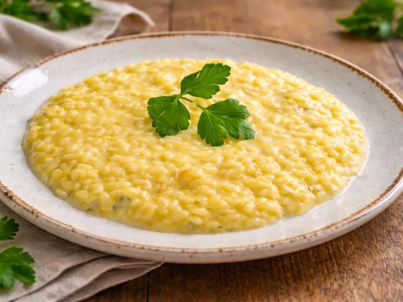 A shallow plate of pale golden four-cheese risotto with small blue-cheese flecks and a parsley garnish
