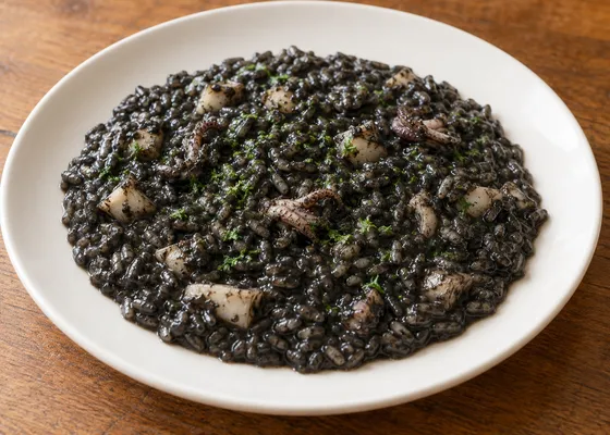 Loose black cuttlefish-ink risotto with small cuttlefish pieces and chopped parsley on a white plate