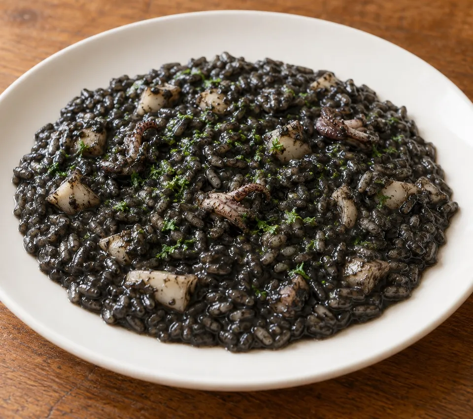 Loose black cuttlefish-ink risotto with small cuttlefish pieces and chopped parsley on a white plate