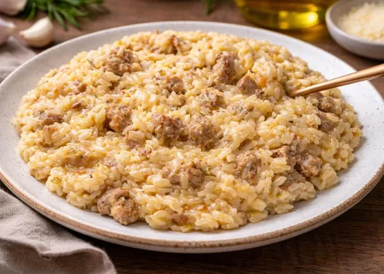 Creamy pale risotto with crumbled sausage pieces, grated cheese and a fork on a round plate