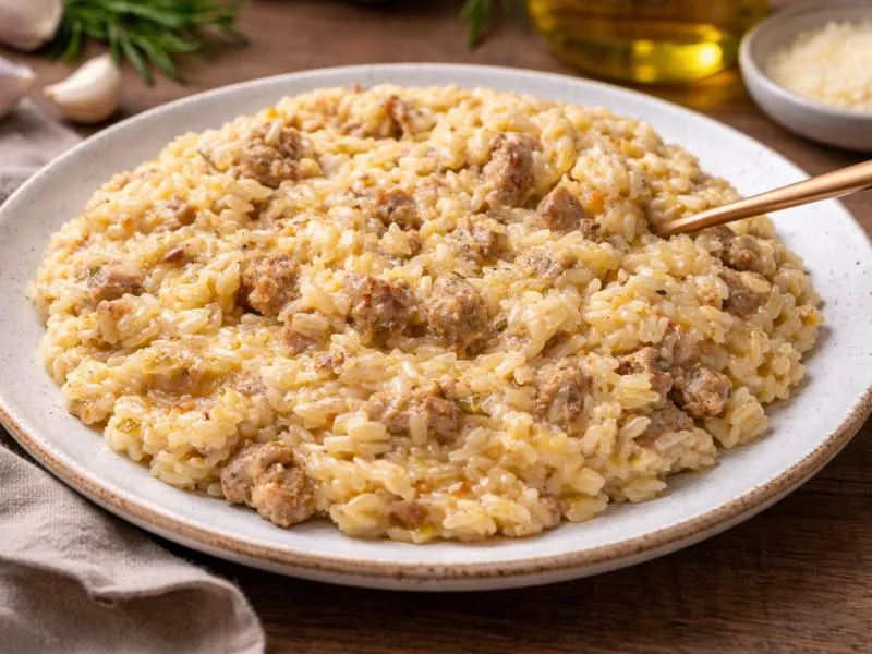 Creamy pale risotto with crumbled sausage pieces, grated cheese and a fork on a round plate