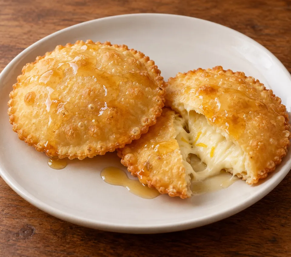 Golden round fried seadas drizzled with honey, one opened to show melted cheese and lemon zest on a white plate