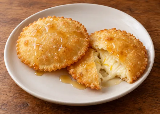 Golden round fried seadas drizzled with honey, one opened to show melted cheese and lemon zest on a white plate