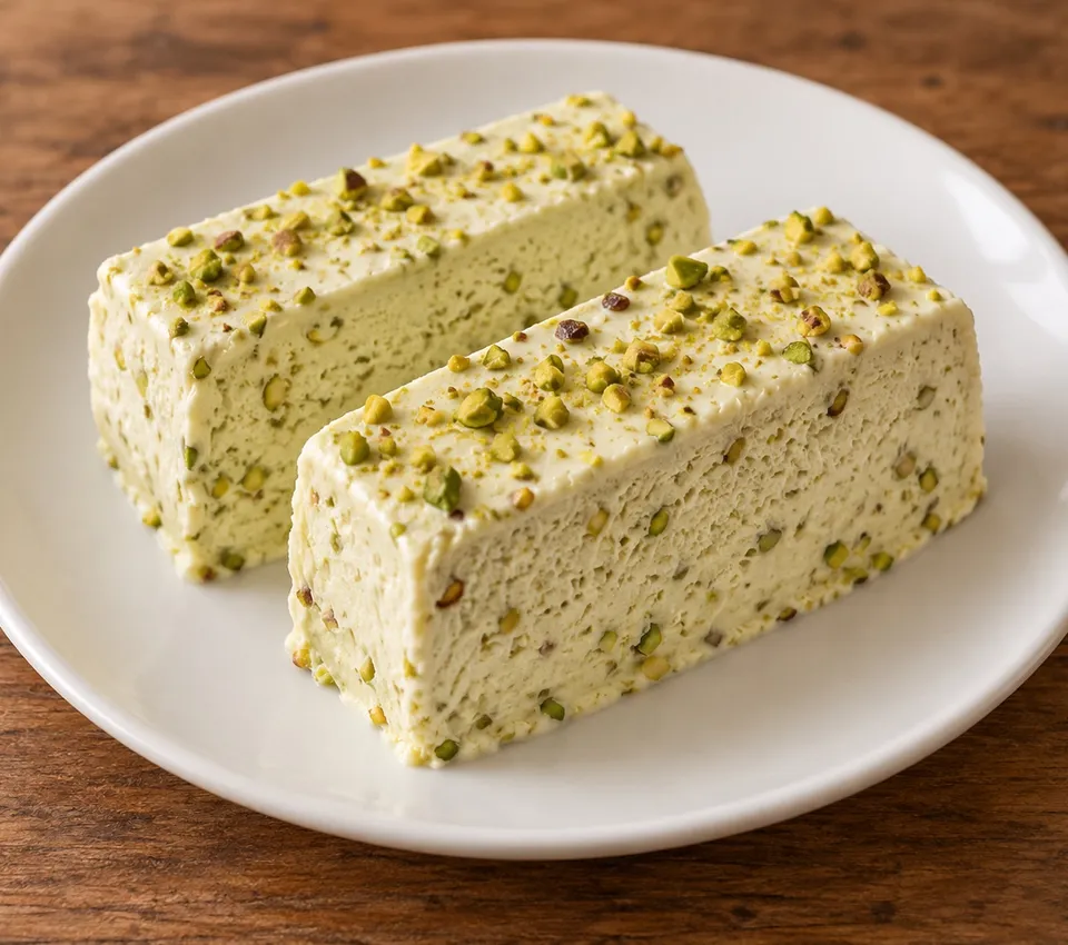 Two rectangular slices of pale pistachio semifreddo with chopped pistachios on a white dessert plate