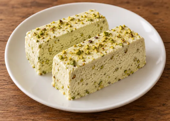 Two rectangular slices of pale pistachio semifreddo with chopped pistachios on a white dessert plate