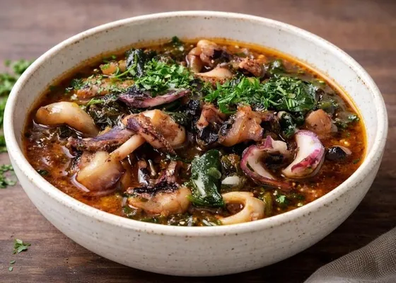 Cuttlefish pieces with dark leafy greens in a reddish broth