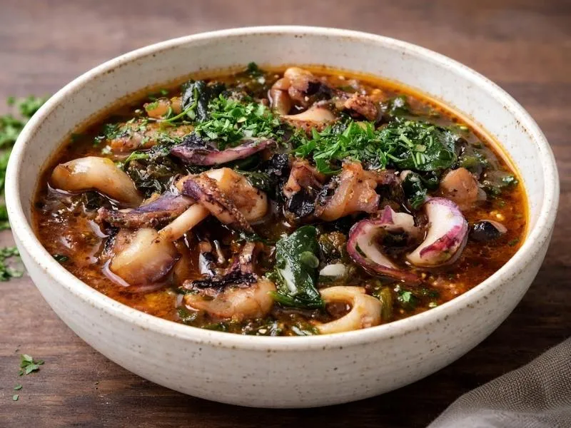 Cuttlefish pieces with dark leafy greens in a reddish broth