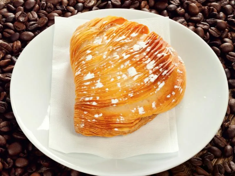 A golden shell-shaped pastry with many crisp ridges and a dusting of powdered sugar on a white plate