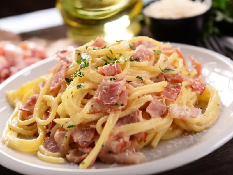 Spaghetti alla Carbonara with guanciale, grated cheese and black pepper