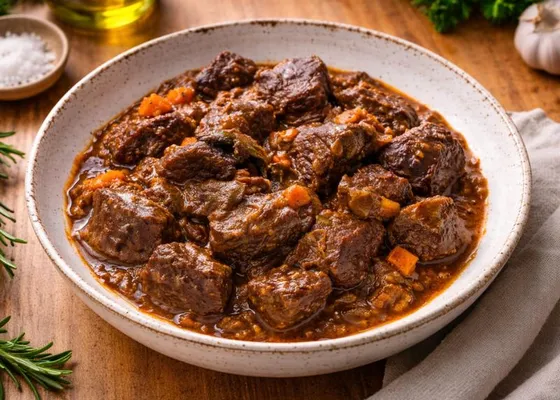 Chunks of braised beef in a dark sauce with small carrot pieces, served in a shallow ceramic bowl