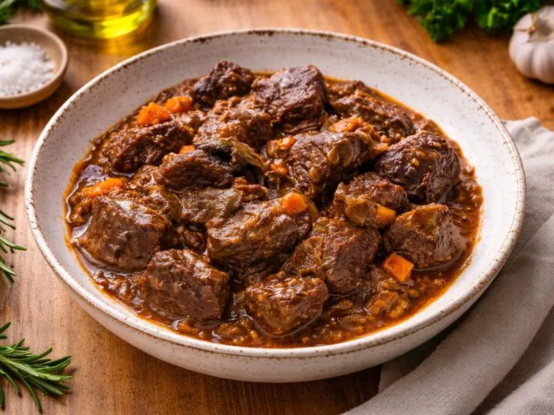 Chunks of braised beef in a dark sauce with small carrot pieces, served in a shallow ceramic bowl