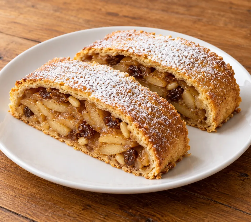 Two slices of golden shortcrust apple strudel showing apples, raisins and pine nuts under a light powdered-sugar dusting