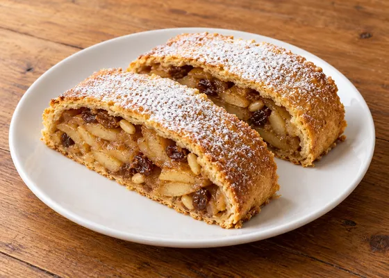 Two slices of golden shortcrust apple strudel showing apples, raisins and pine nuts under a light powdered-sugar dusting
