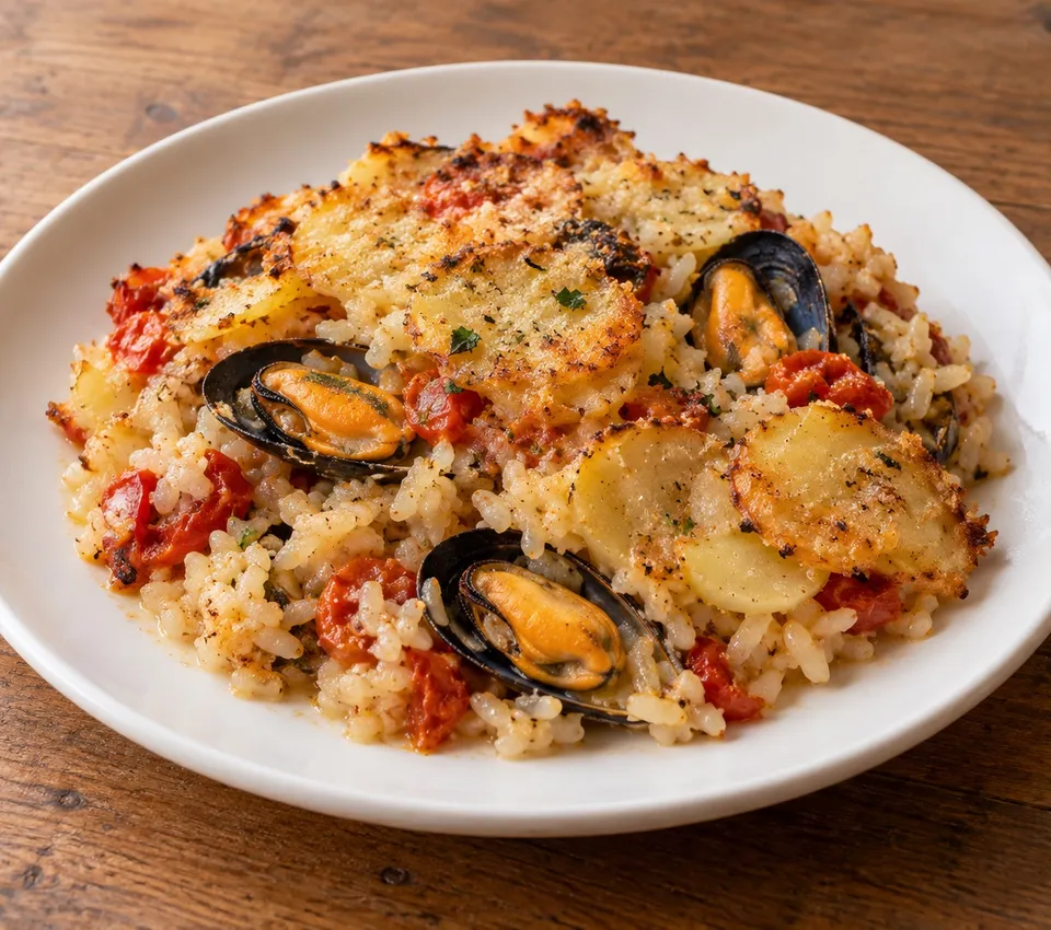 A rustic serving of baked rice, thin golden potatoes, tomato and half-shell mussels with a pecorino crust on a white plate