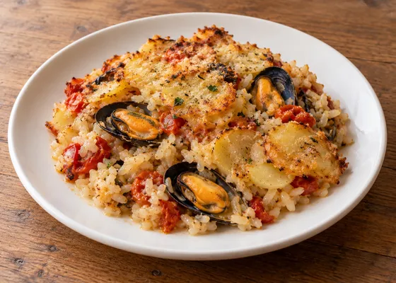 A rustic serving of baked rice, thin golden potatoes, tomato and half-shell mussels with a pecorino crust on a white plate