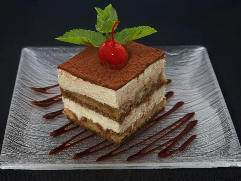 A serving of tiramisù with cocoa-dusted mascarpone cream and coffee-soaked biscuit layers