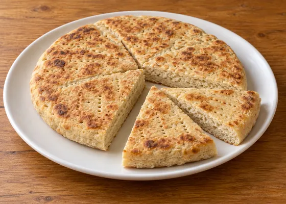 A round thick griddle flatbread cut into plain wedges, with browned spots and fork pricks on a white plate
