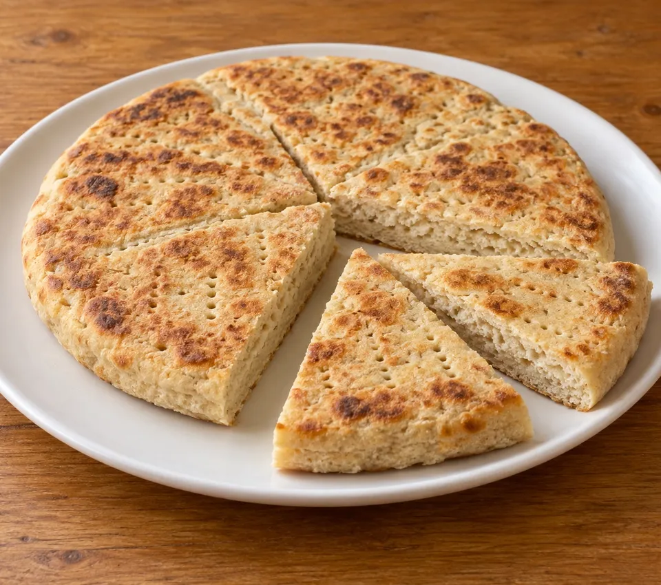 A round thick griddle flatbread cut into plain wedges, with browned spots and fork pricks on a white plate