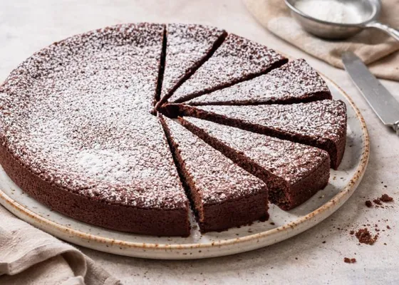 A round dark chocolate cake cut into wedges and dusted with powdered sugar on a ceramic plate