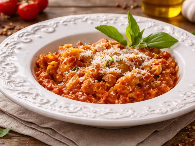 Strips of tripe in red tomato sauce with grated cheese and a broad green basil garnish on a white patterned plate
